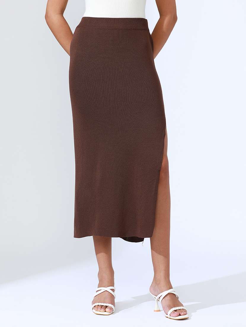 women brown solid high rise bodycon skirt - 22086256 -  Standard Image - 4