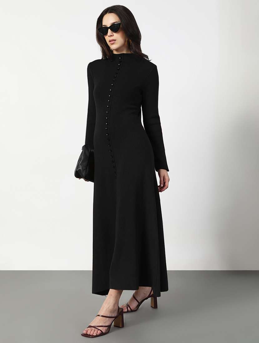 women black solid long sleeve a-line dress