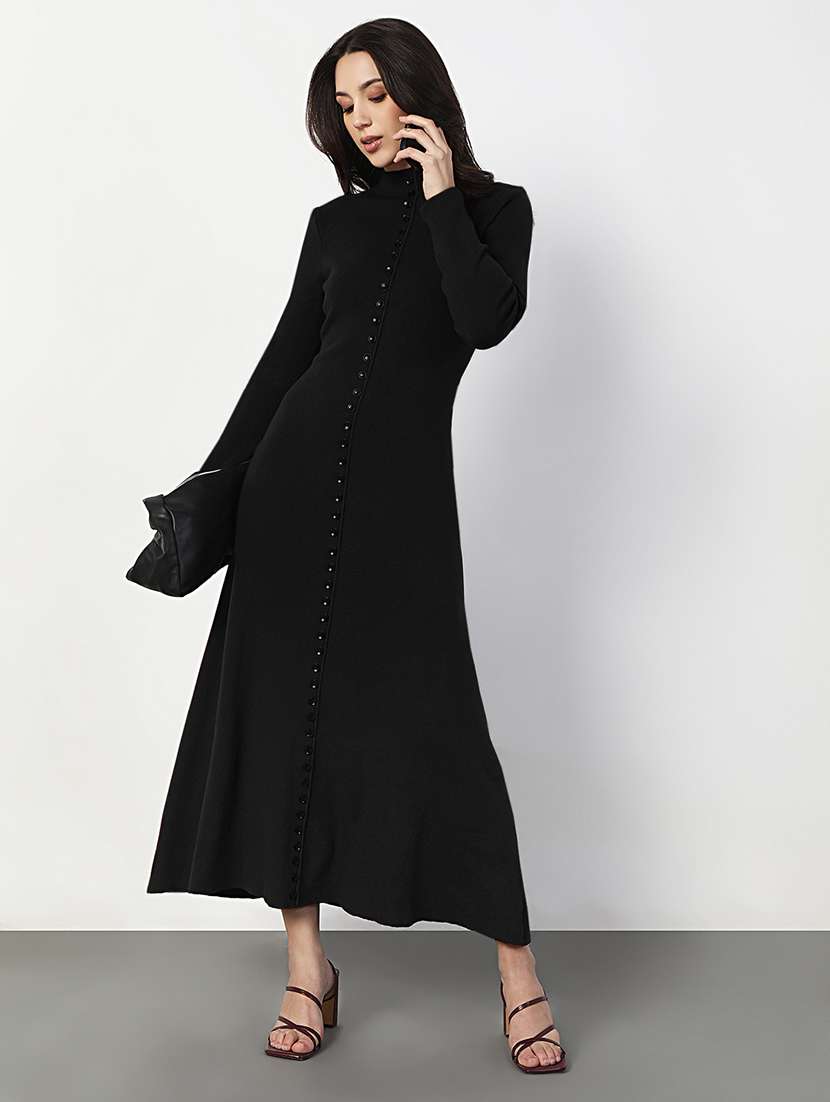 women black solid long sleeve a-line dress - 22086270 -  Standard Image - 1