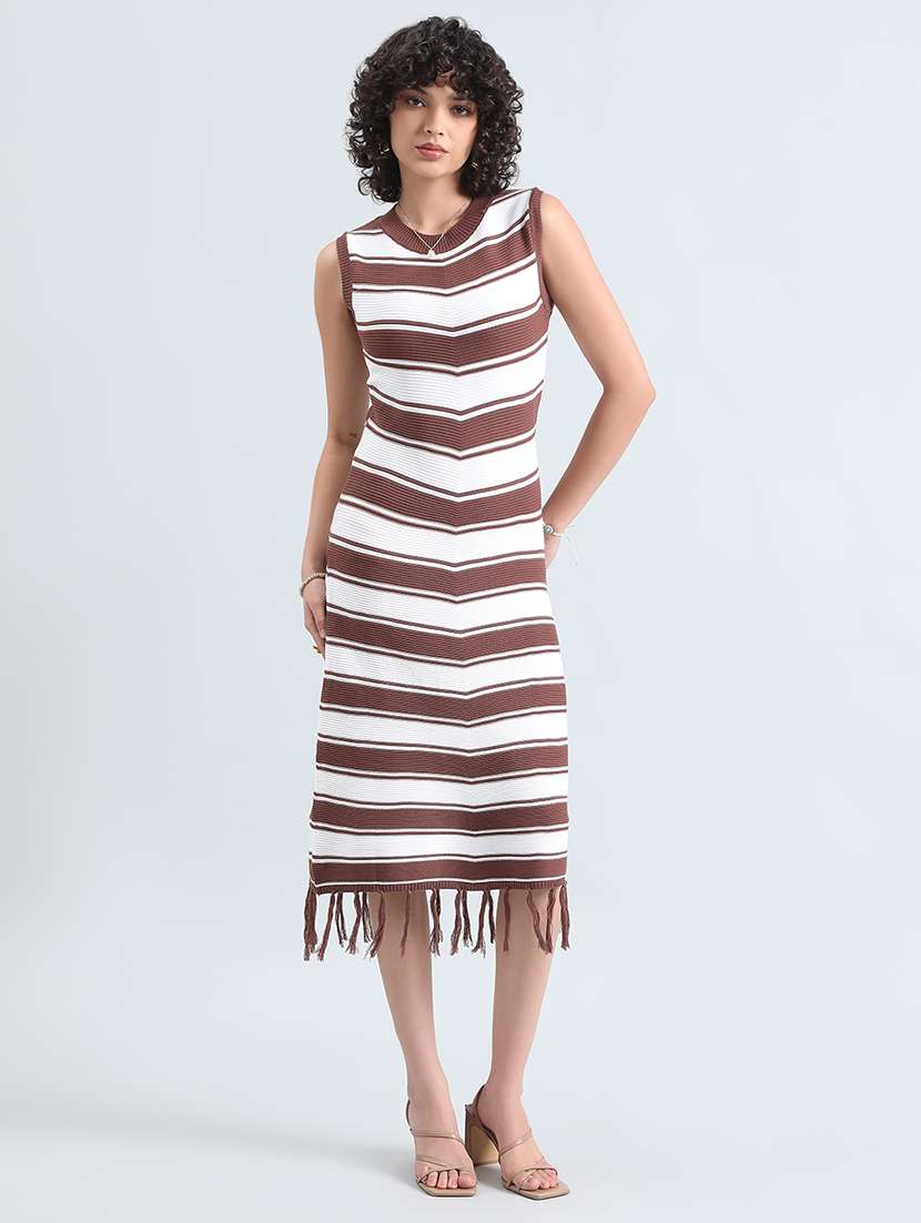 women striped sleevelss fringed hem sheath dress - 22086274 -  Standard Image - 1