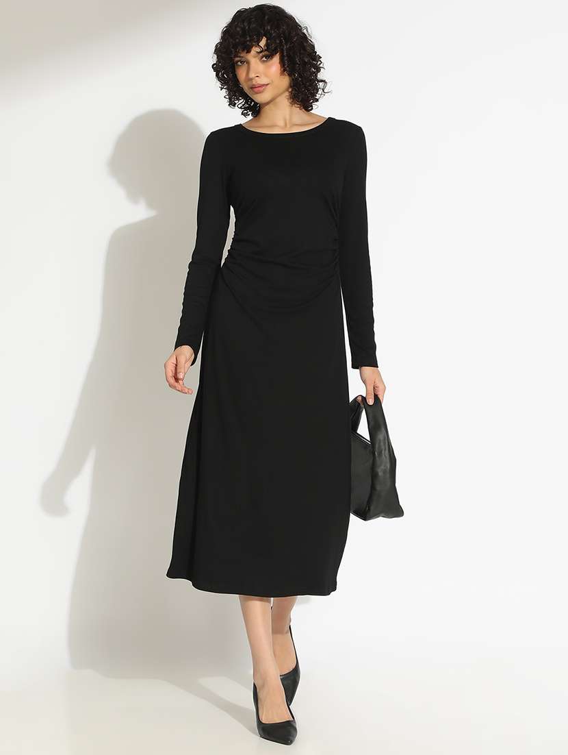 women black solid long sleeve a-line dress - 22086280 - Standard Image - 4