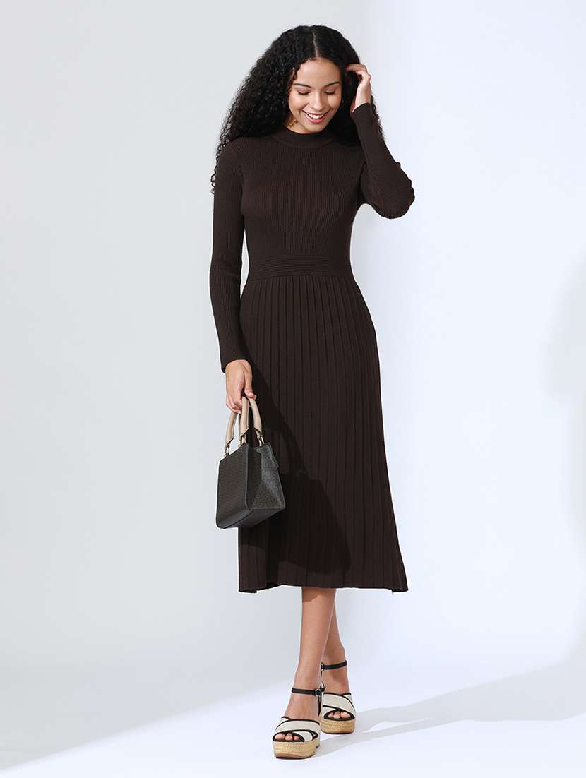 women brown solid long sleeve a-line dress - 22086285 -  Standard Image - 1