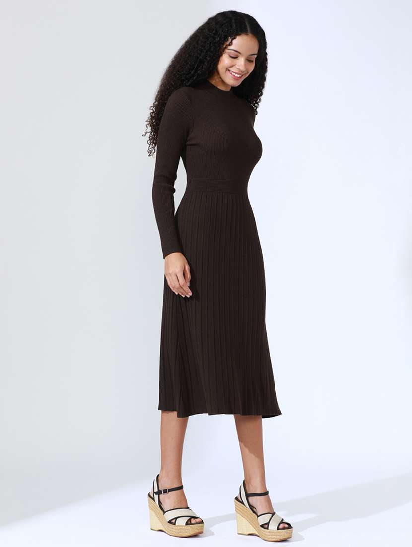 women brown solid long sleeve a-line dress - 22086285 -  Standard Image - 4