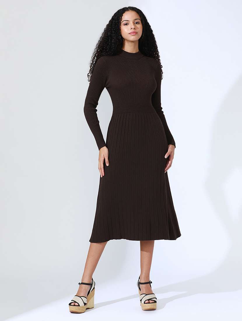 women brown solid long sleeve a-line dress - 22086285 -  Standard Image - 6