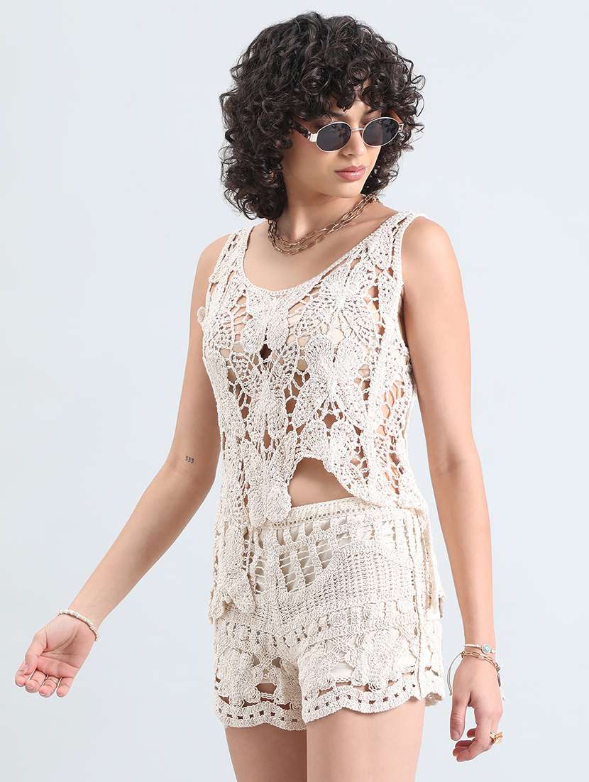 women solid crochet top and shorts co-ord set - 22086289 -  Standard Image - 1