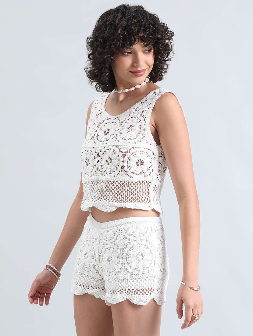 women solid crochet top and shorts co-ord set - 22086290 -  Standard Image - 1
