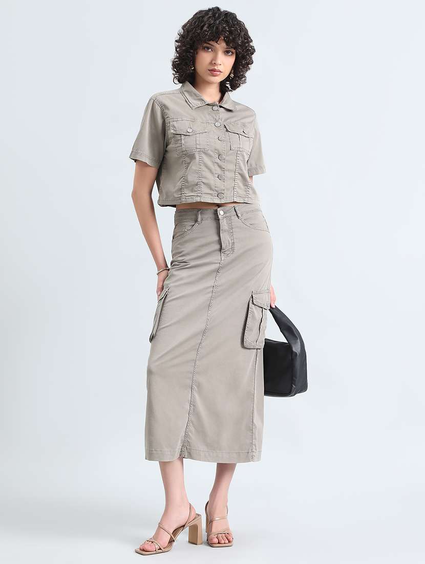 women grey solid denim top and skirt co-ord set - 22086303 -  Standard Image - 1