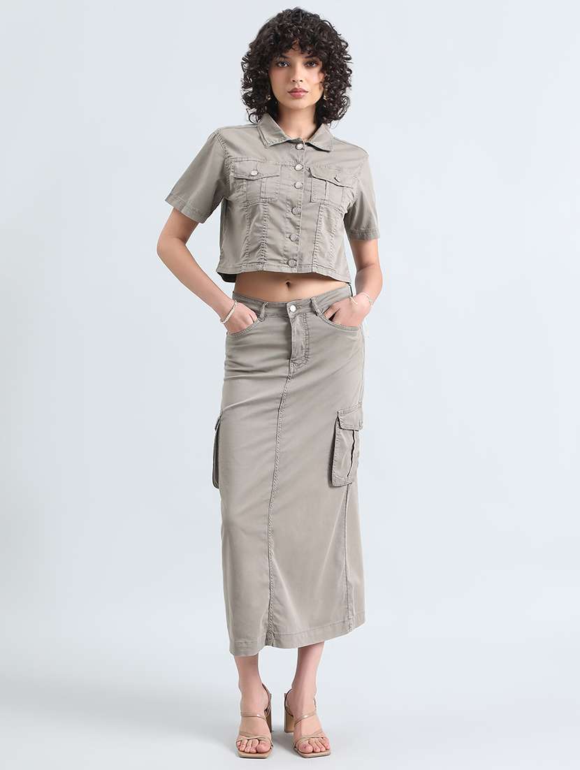women grey solid denim top and skirt co-ord set - 22086303 -  Standard Image - 4