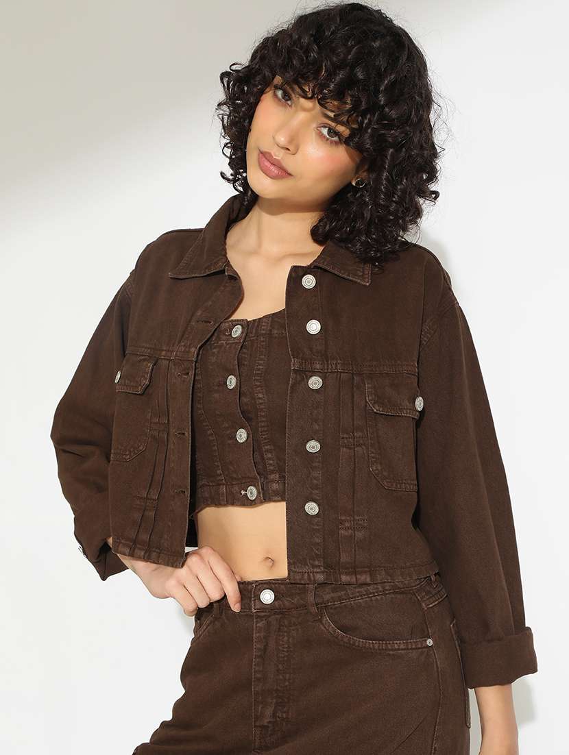 women solid denim top and skirt with jacket co-ord set - 22086307 -  Standard Image - 1