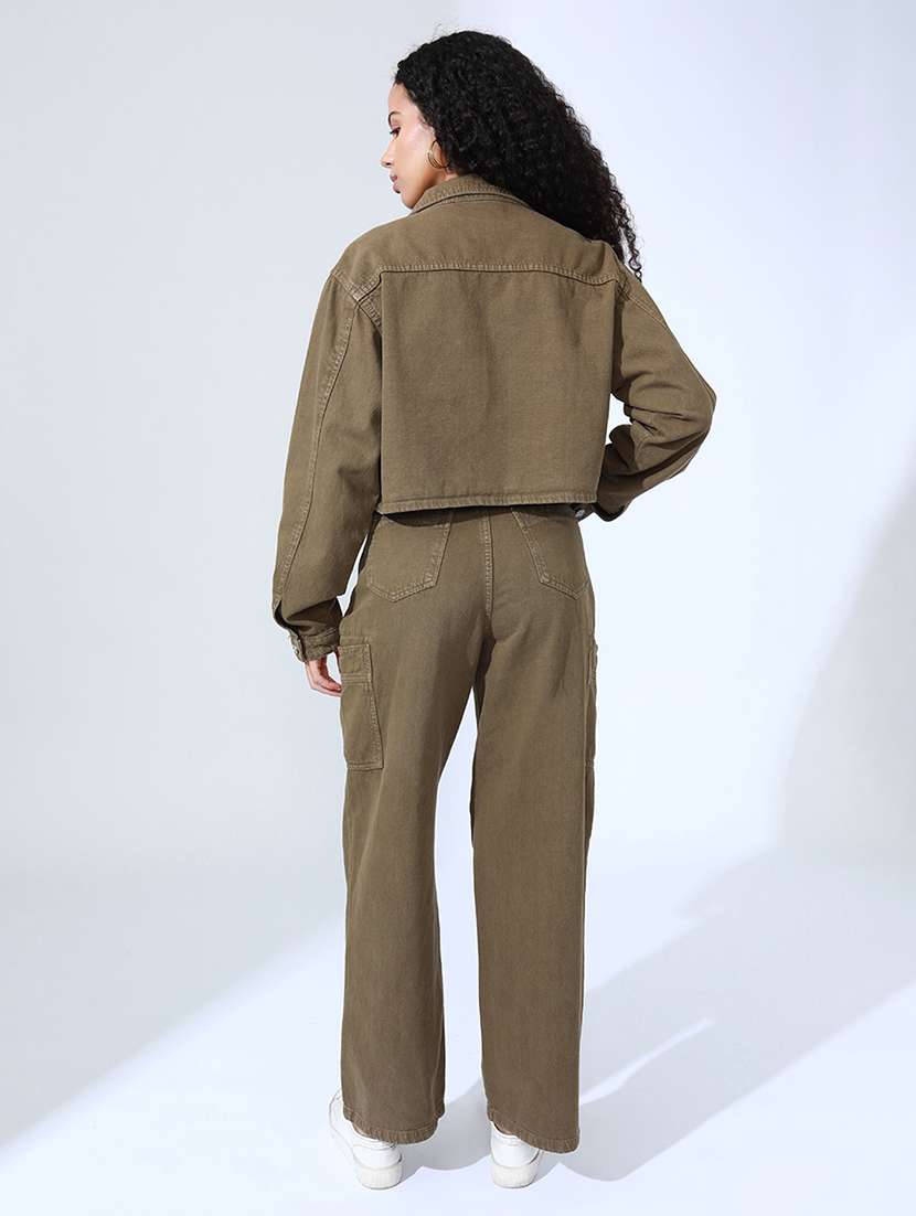 women solid denim top and trouser with jacket co-ord set - 22086311 -  Standard Image - 4