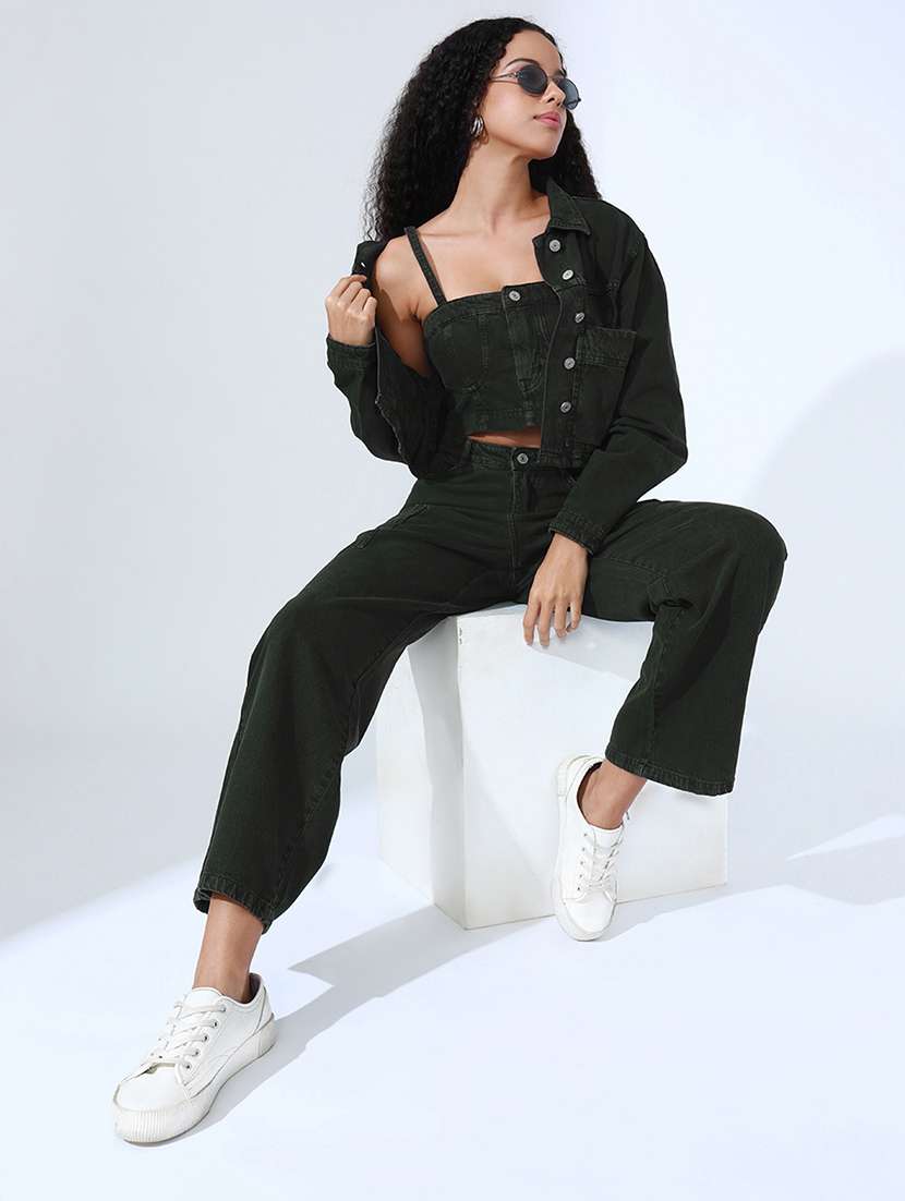 women solid top and trouser with jacket co-ord set
