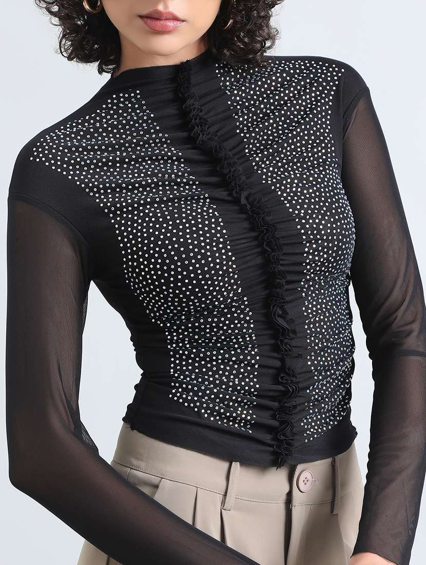 women black embellished long sleeve crop top - 22086317 -  Standard Image - 4