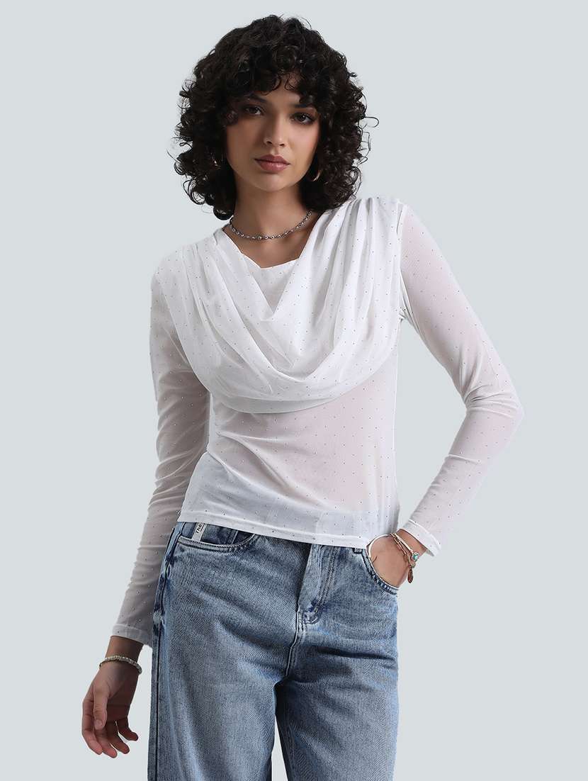 womenn white embellished cowl neck long sleeve top - 22086318 -  Standard Image - 1
