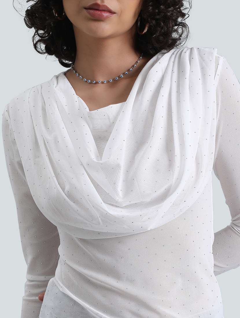womenn white embellished cowl neck long sleeve top - 22086318 -  Standard Image - 4