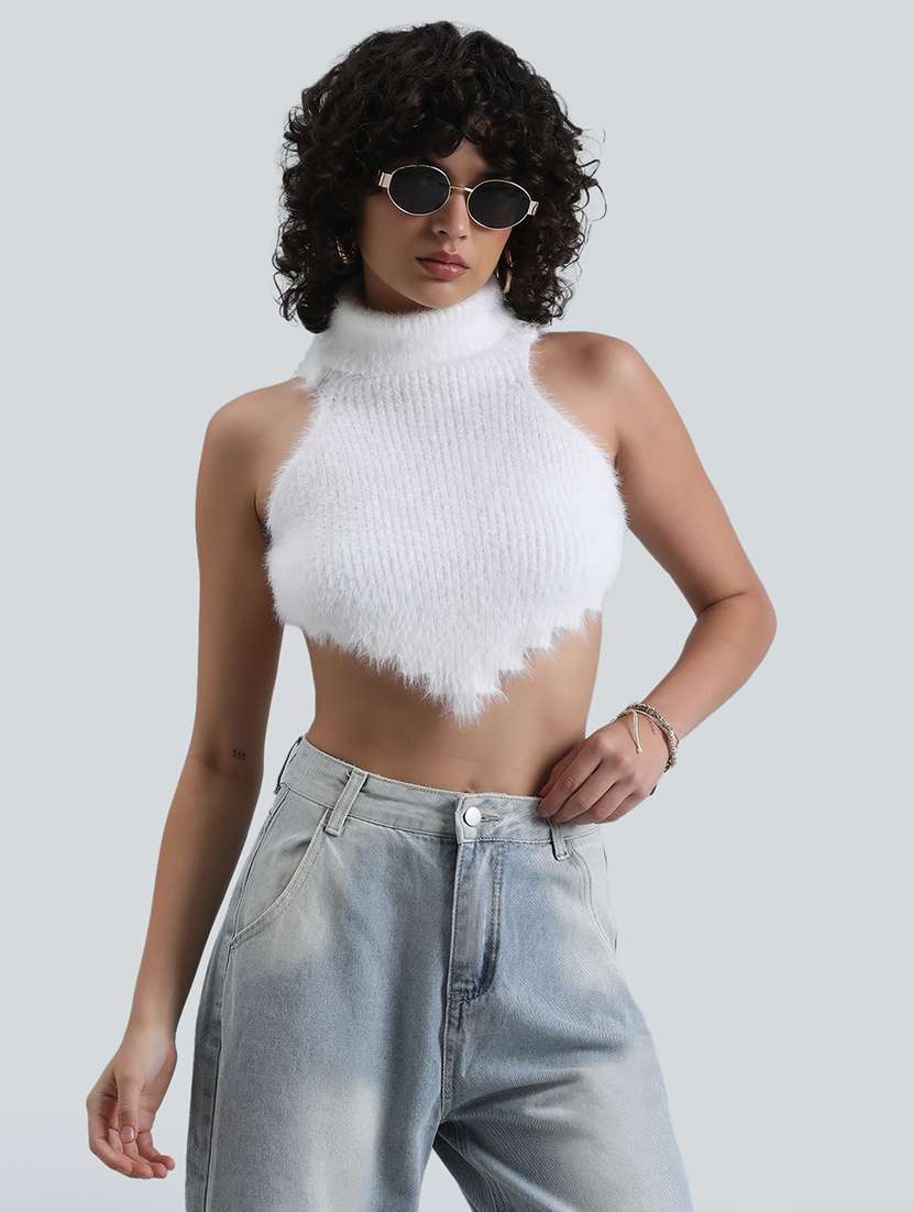women white solid turtle neck backless crop top