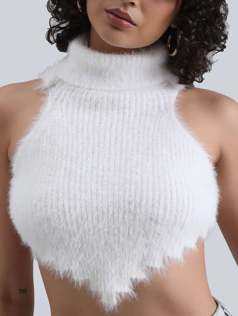 women white solid turtle neck backless crop top - 22086322 - Standard Image - 4