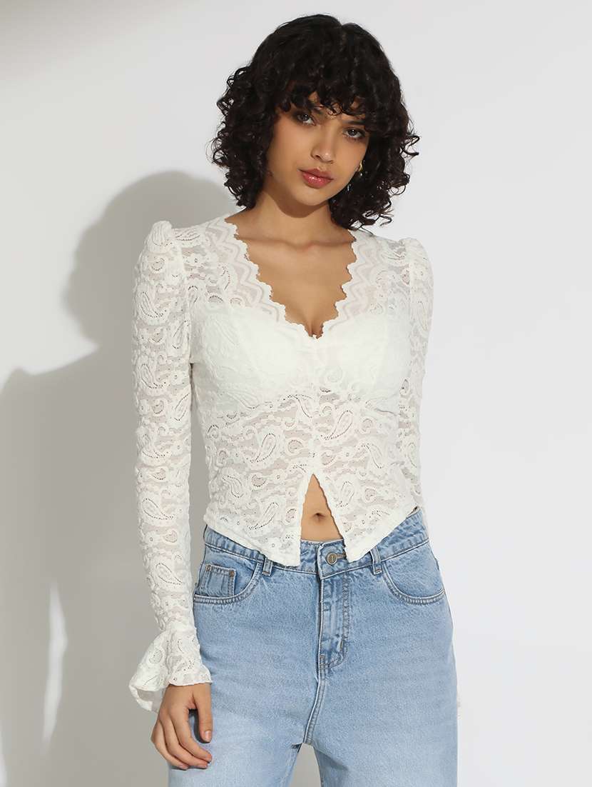 women white solid bell sleeve lace top - 22086324 - Standard Image - 1