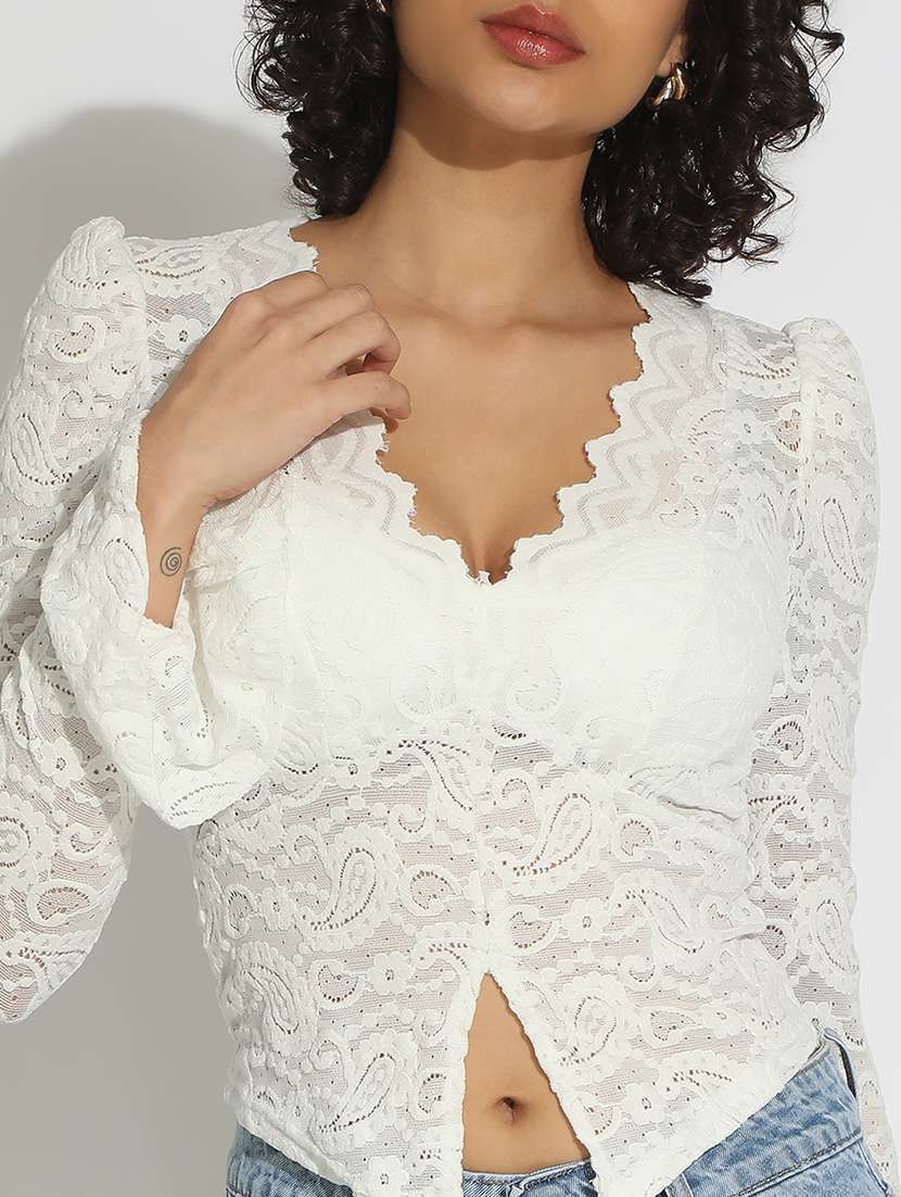women white solid bell sleeve lace top - 22086324 - Standard Image - 4