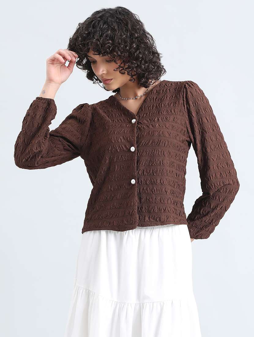 women brown self designed puff sleeve top - 22086326 -  Standard Image - 1