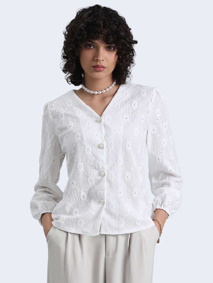 women white schiffli puff sleeve regular top - 22086328 -  Standard Image - 1