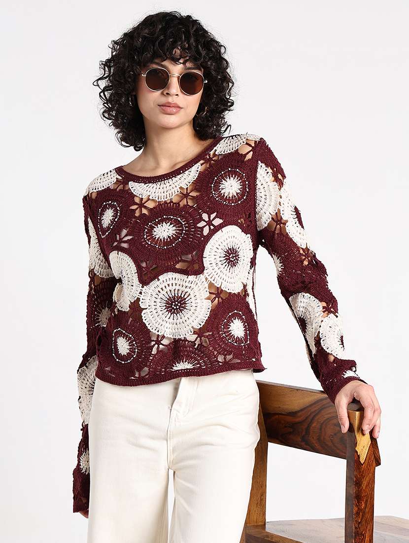women self designed crochet long sleeve top