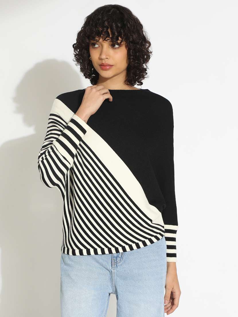 women striped boat neck long sleeve pullover - 22086331 -  Standard Image - 1