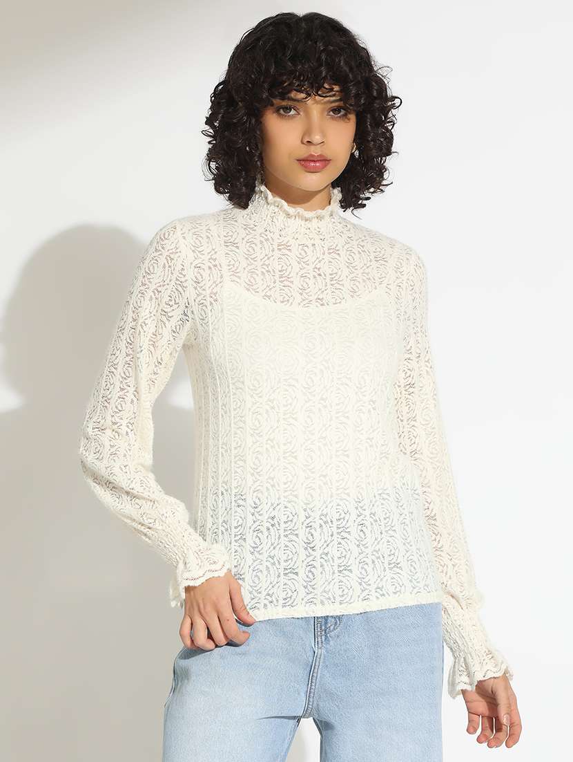 women off white solid long sleeve lace top - 22086333 -  Standard Image - 1