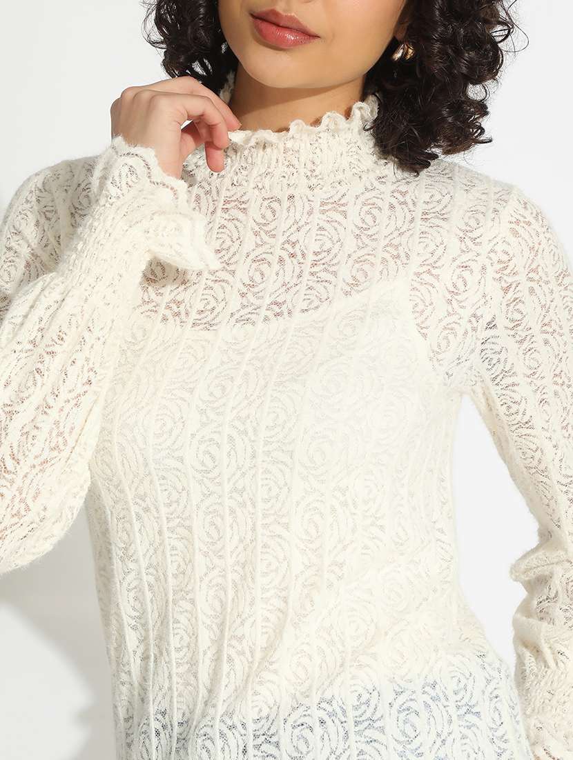 women off white solid long sleeve lace top - 22086333 -  Standard Image - 4