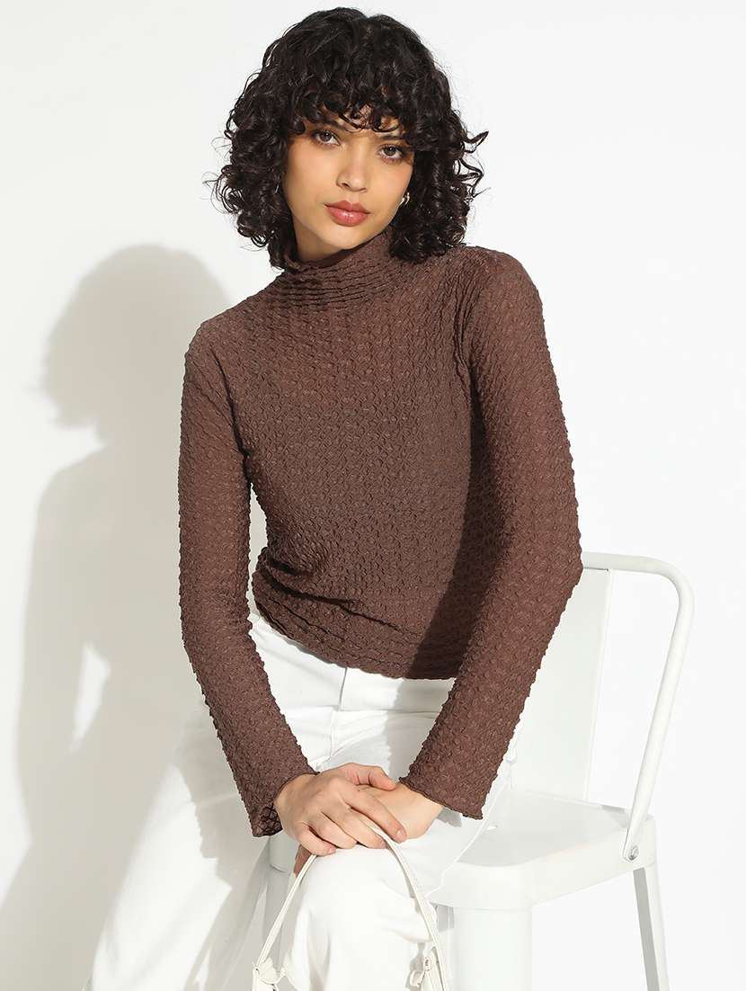women brown solid long sleeve mock neck top