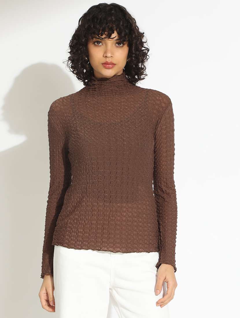 women brown solid long sleeve mock neck top - 22086334 -  Standard Image - 1