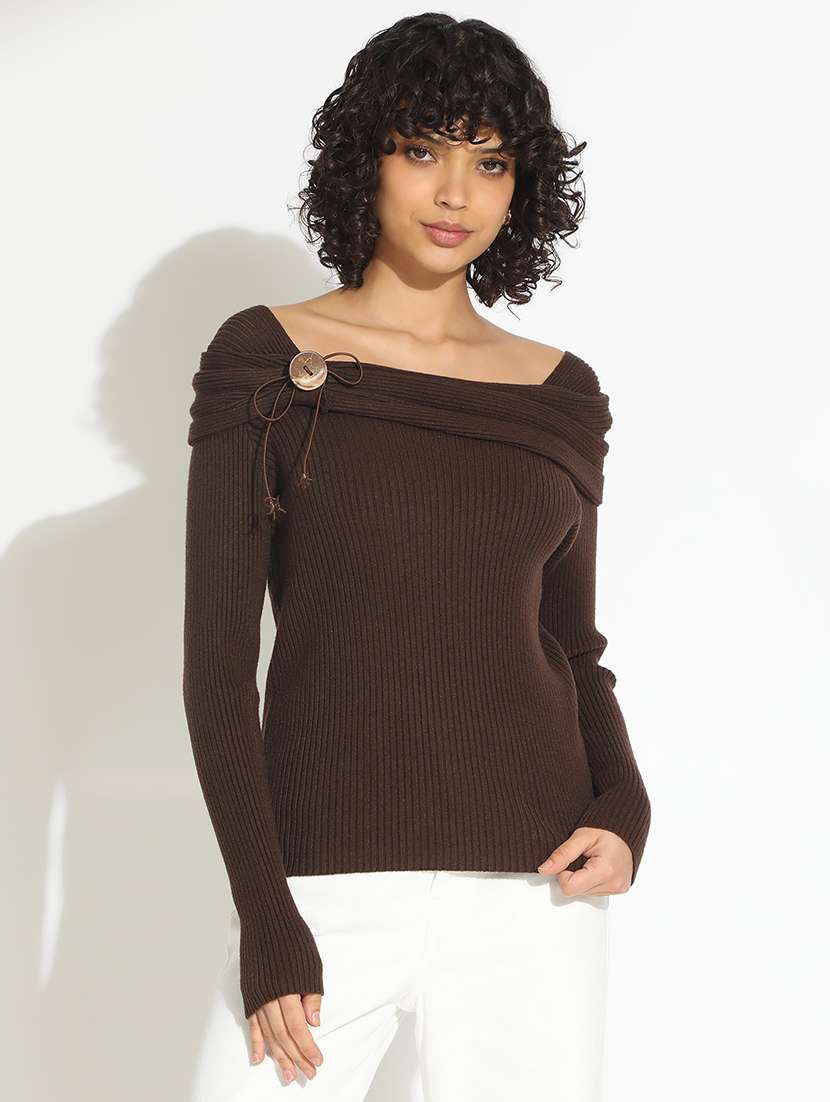 women brown solid off shoulder long sleeve top - 22086336 -  Standard Image - 1