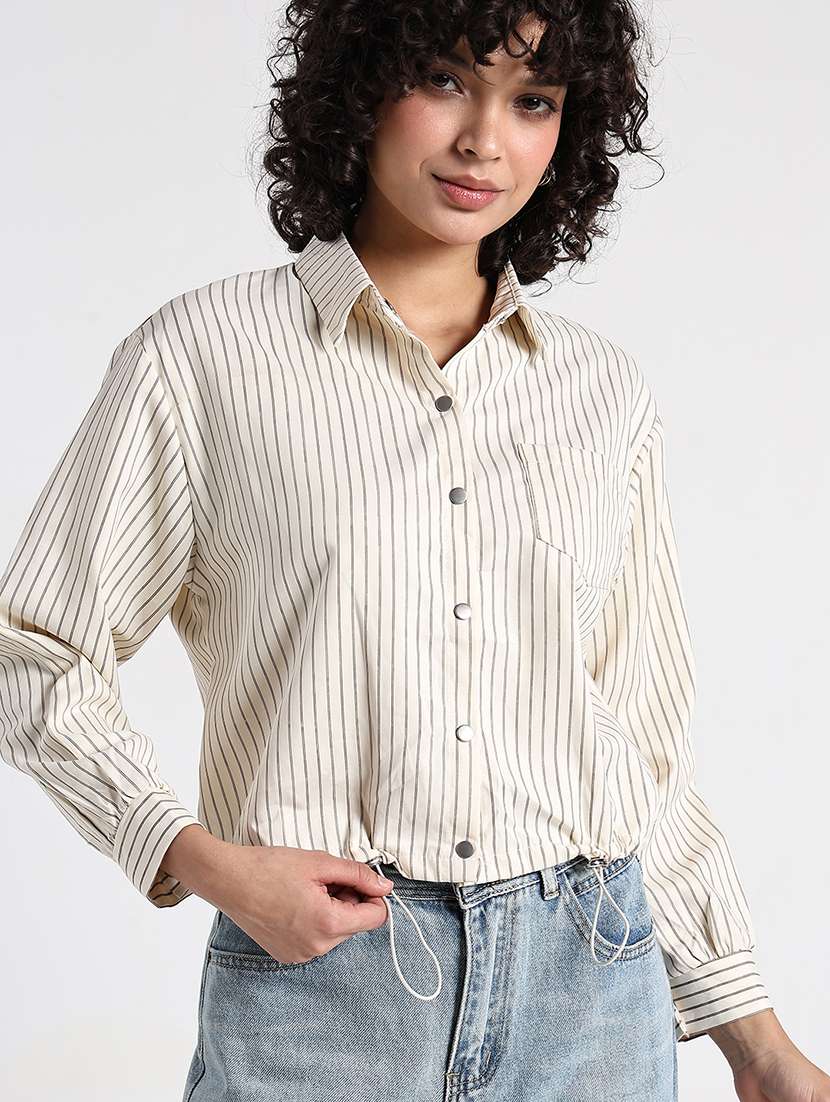 women striped collared long sleeve shirt top - 22086341 -  Standard Image - 1