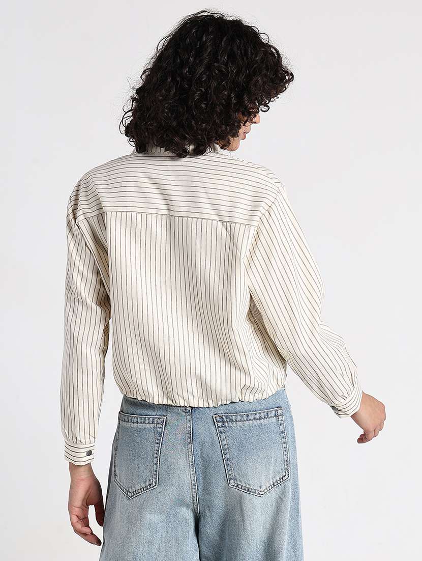 women striped collared long sleeve shirt top - 22086341 -  Standard Image - 4