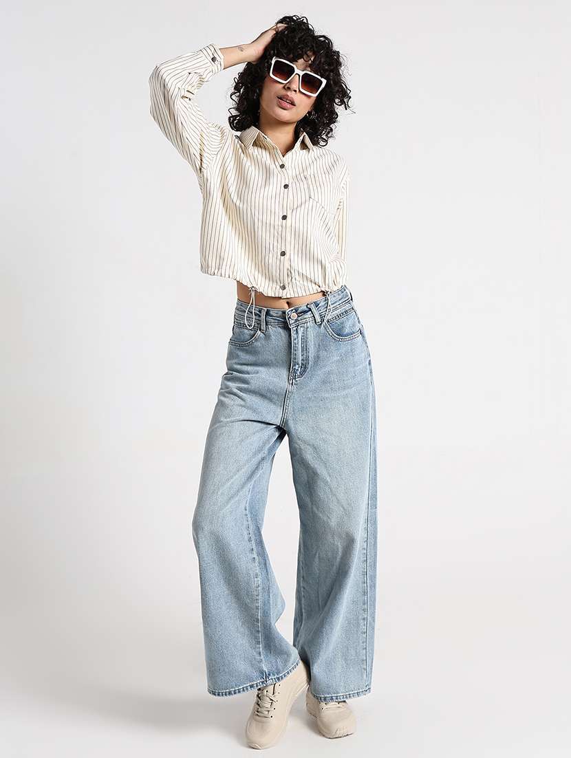 women striped collared long sleeve shirt top - 22086341 -  Standard Image - 6