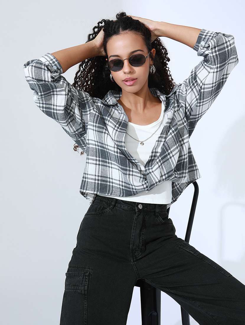 women checkered collared long sleeve shirt top