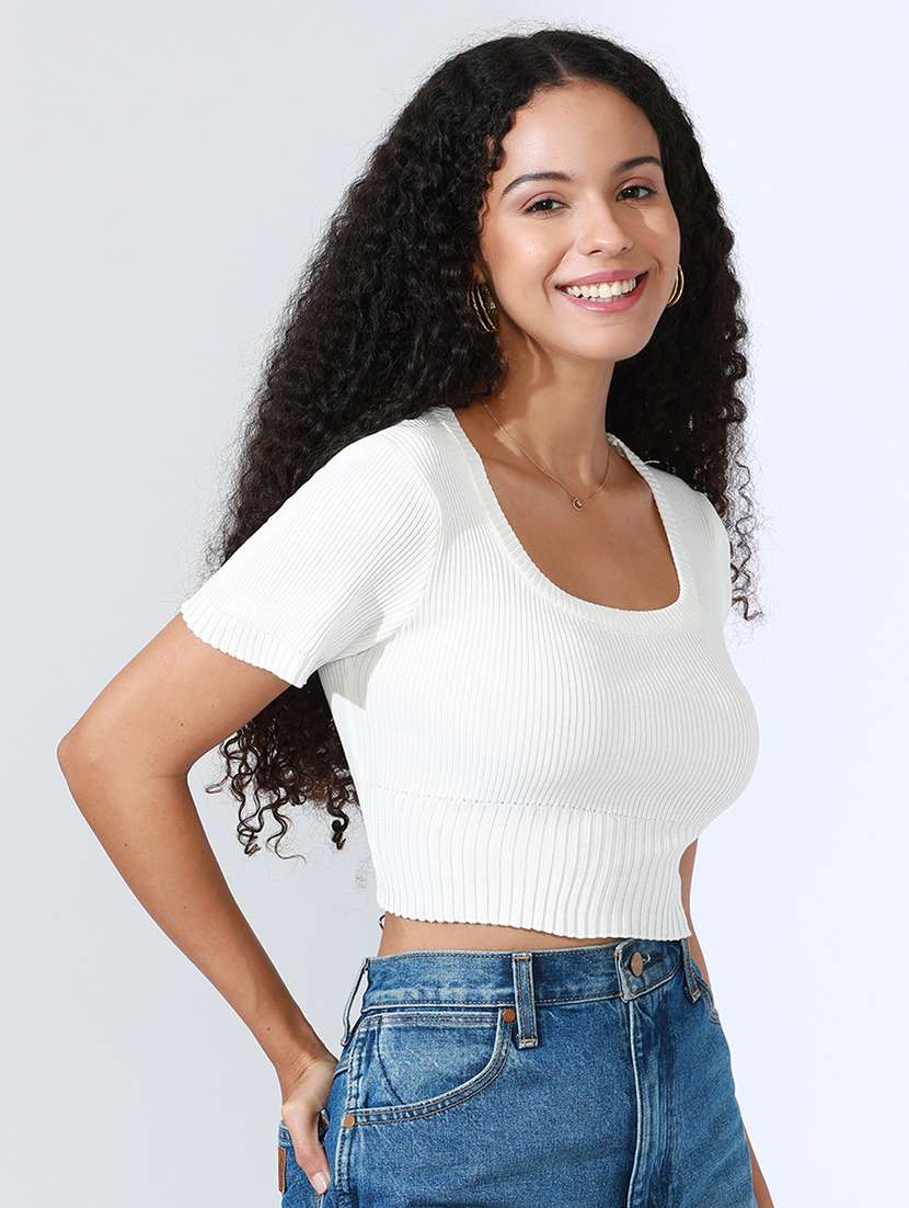 women white solid short sleeve crop top - 22086346 -  Standard Image - 1