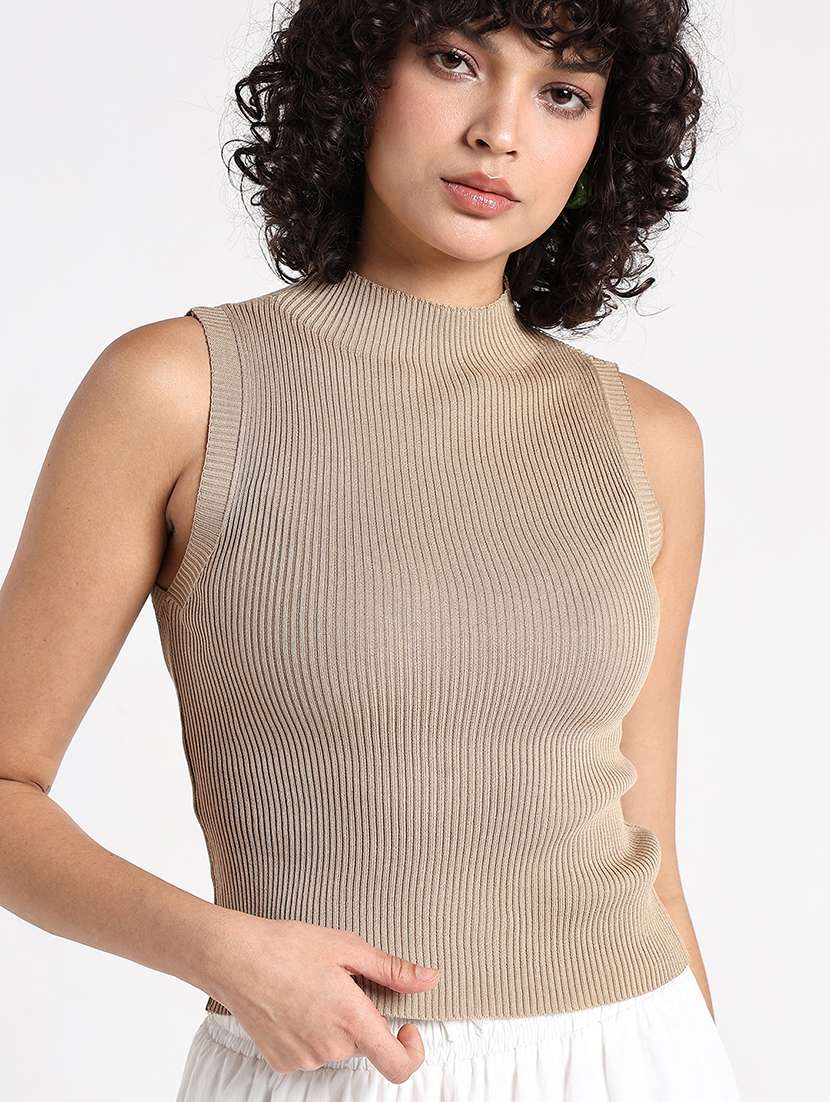 women beige solid sleeveless tank top - 22086350 -  Standard Image - 1