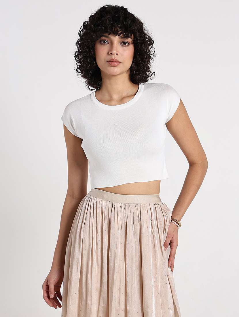 women white solid short sleeve crop top