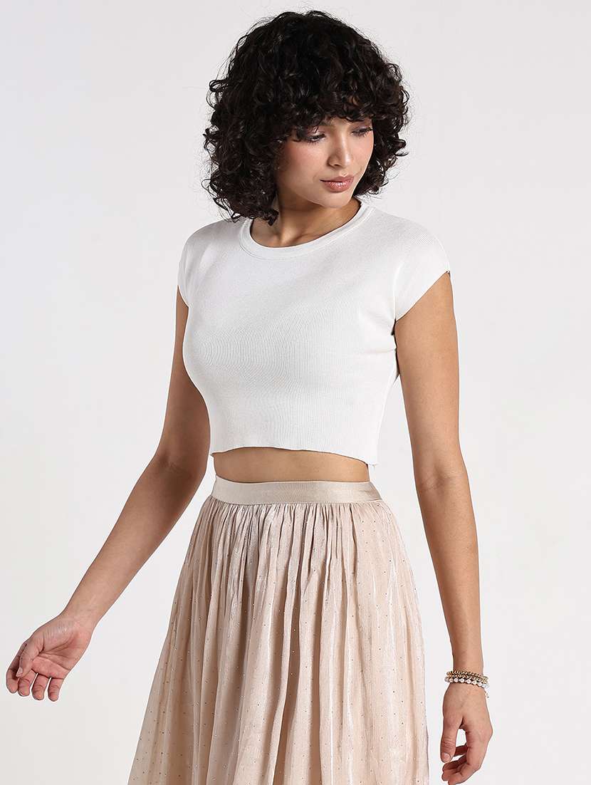 women white solid short sleeve crop top - 22086352 - Standard Image - 1