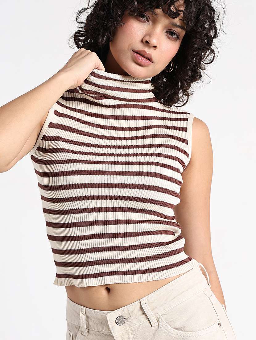 women striped turtle neck sleeveelss crop top - 22086353 -  Standard Image - 1