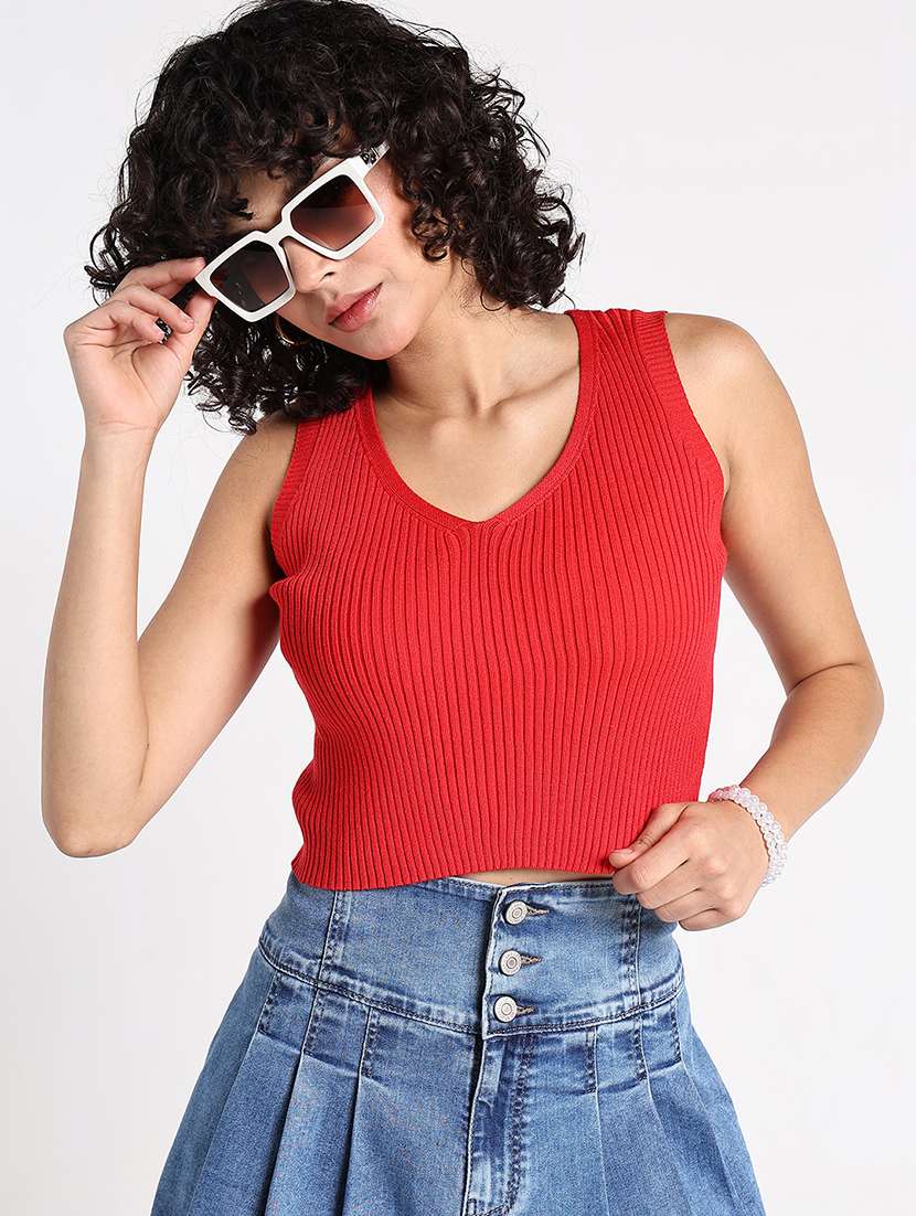 women red solid sleeveless crop top - 22086354 -  Standard Image - 1