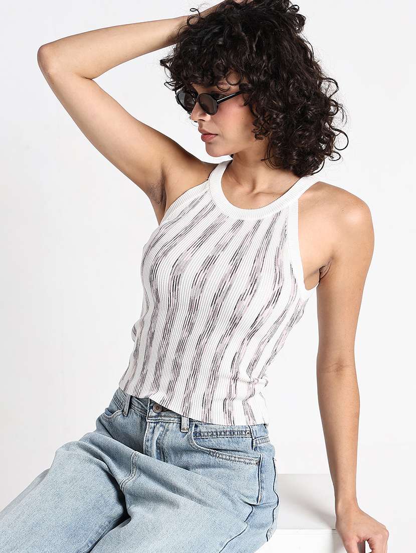 women striped halter neck sleeveless tank top