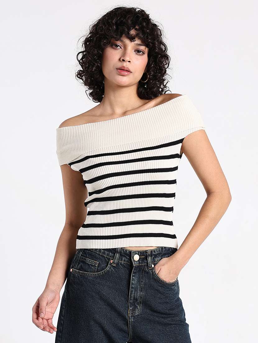 women striped off shoulder regular top  - 22086357 -  Standard Image - 1