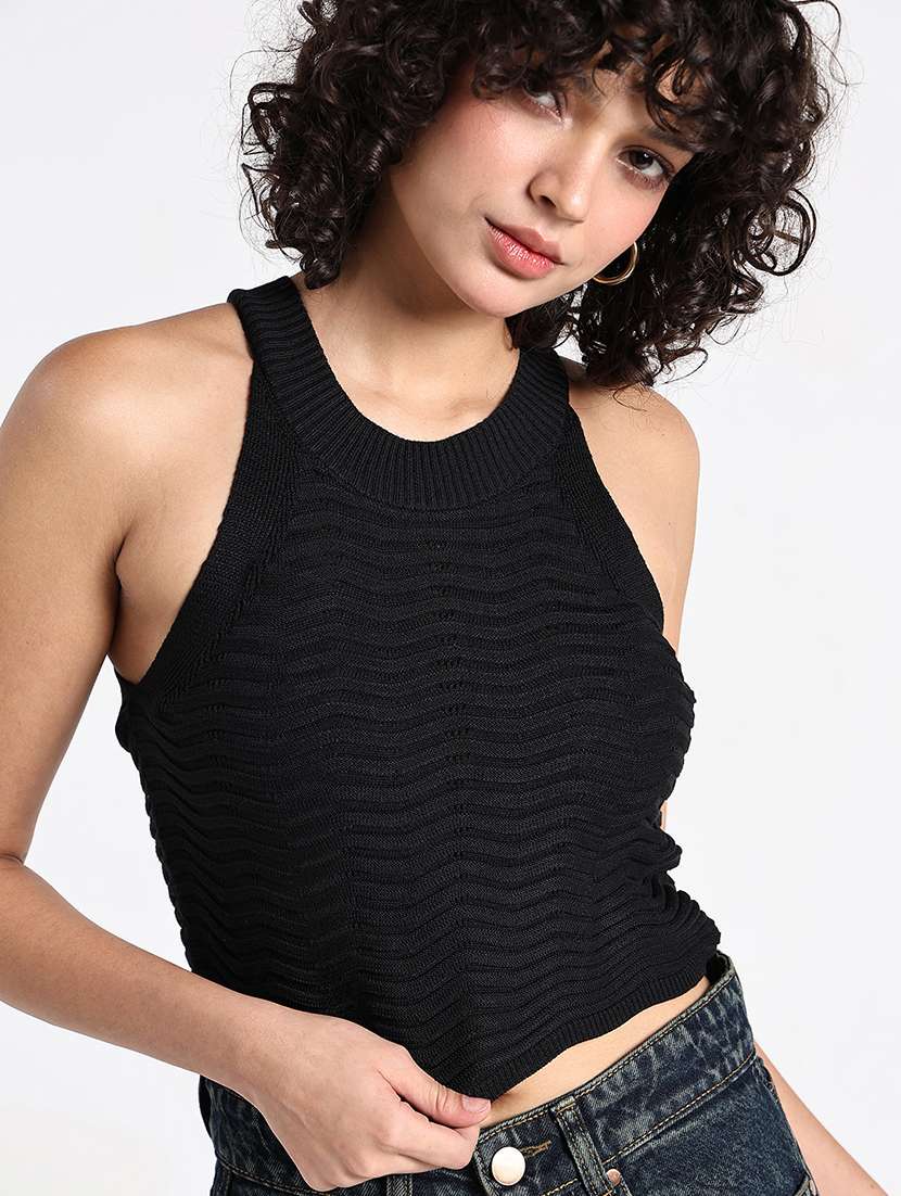 women black solid sleeveless crop top - 22086358 -  Standard Image - 1