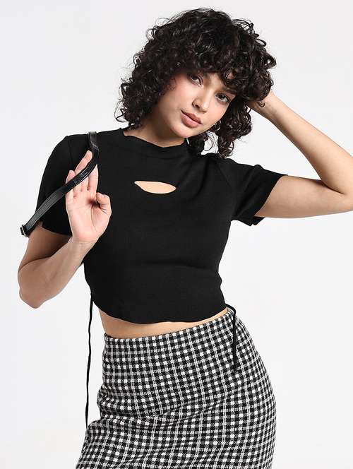 women black solid short sleeve crop top - 22086361 -  Standard Image - 0