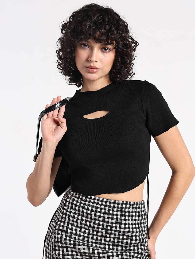 women black solid short sleeve crop top - 22086361 -  Standard Image - 1