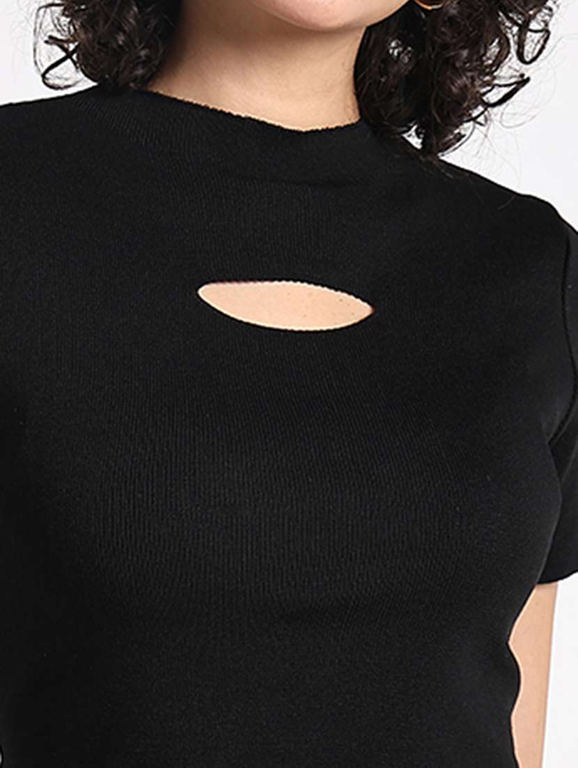 women black solid short sleeve crop top - 22086361 - Standard Image - 6