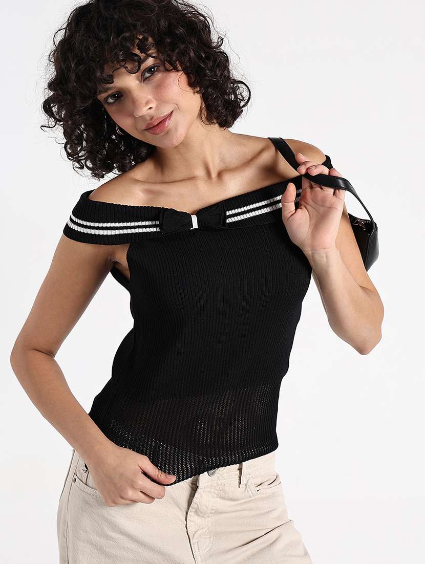 women black solid off shoulder regular top - 22086362 -  Standard Image - 1