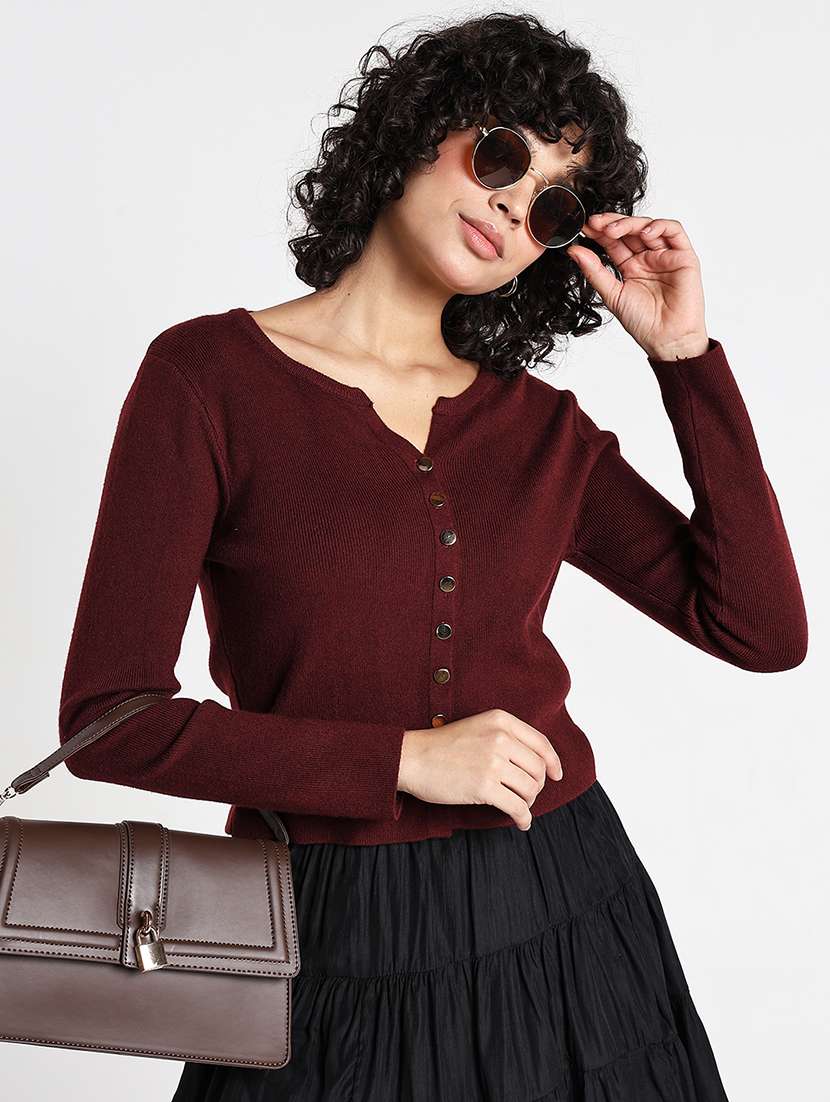 women maroon solid long sleeve regular top