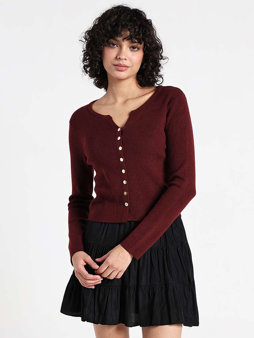 women maroon solid long sleeve regular top - 22086365 -  Standard Image - 1